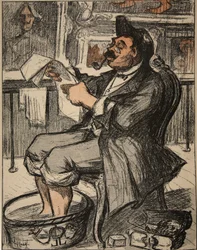 A government official reading his newspaper with a footbath, illustration from 